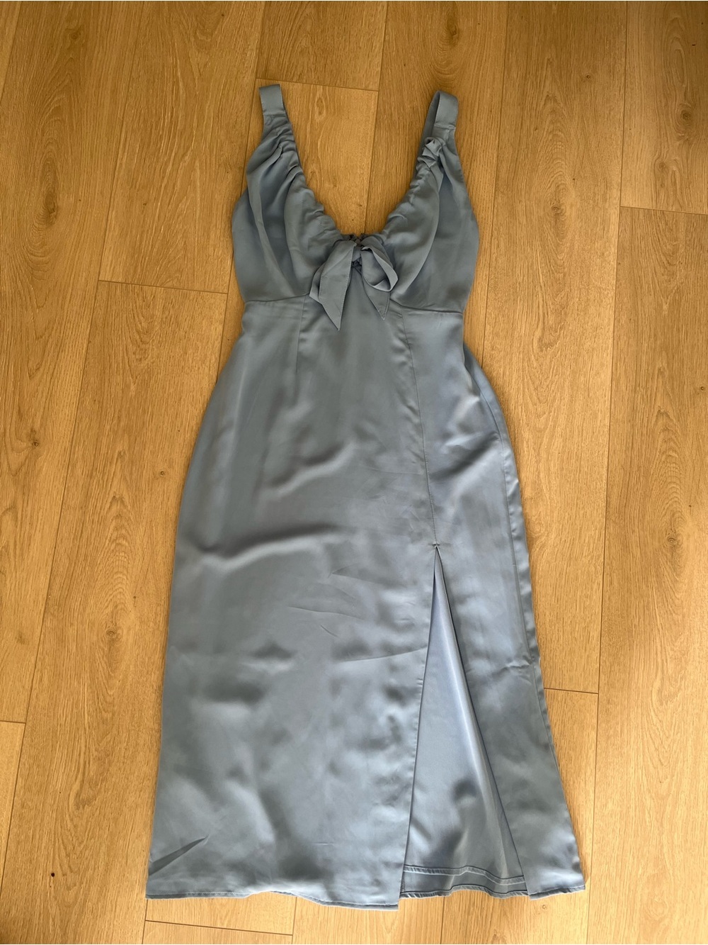 Abercrombie & Fitch Satin Tie-Front Midi Dress in Dusty Blue